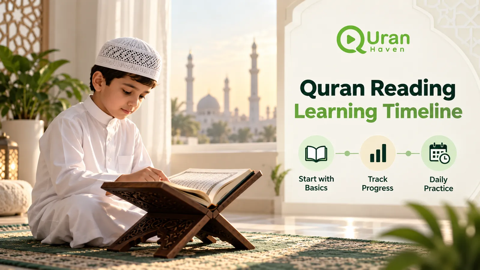 Quran reading learning timeline from Arabic letters to fluent recitation