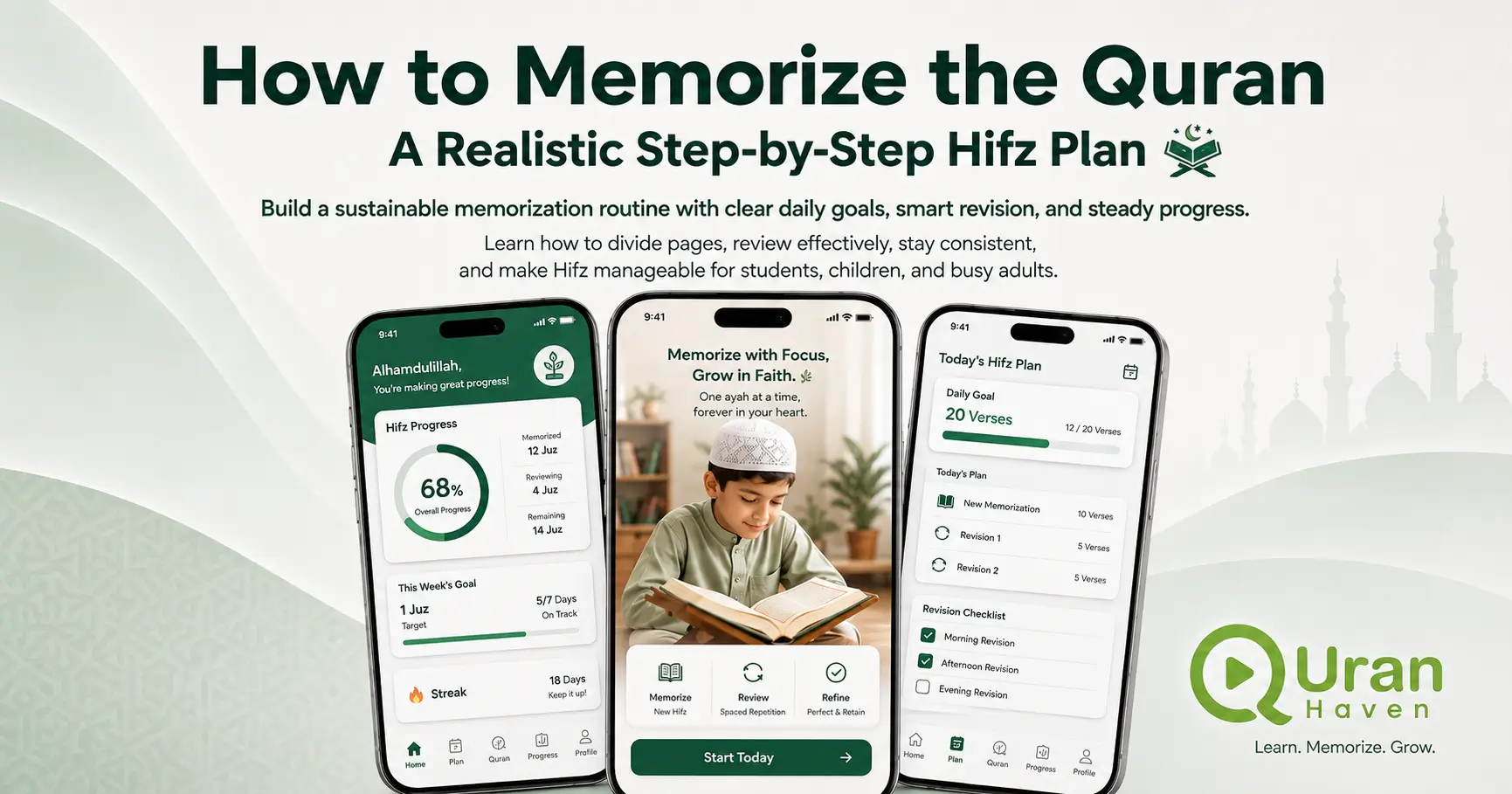 How to Memorize the Quran: A Realistic Step-by-Step Hifz Plan - Quran Haven educational illustration