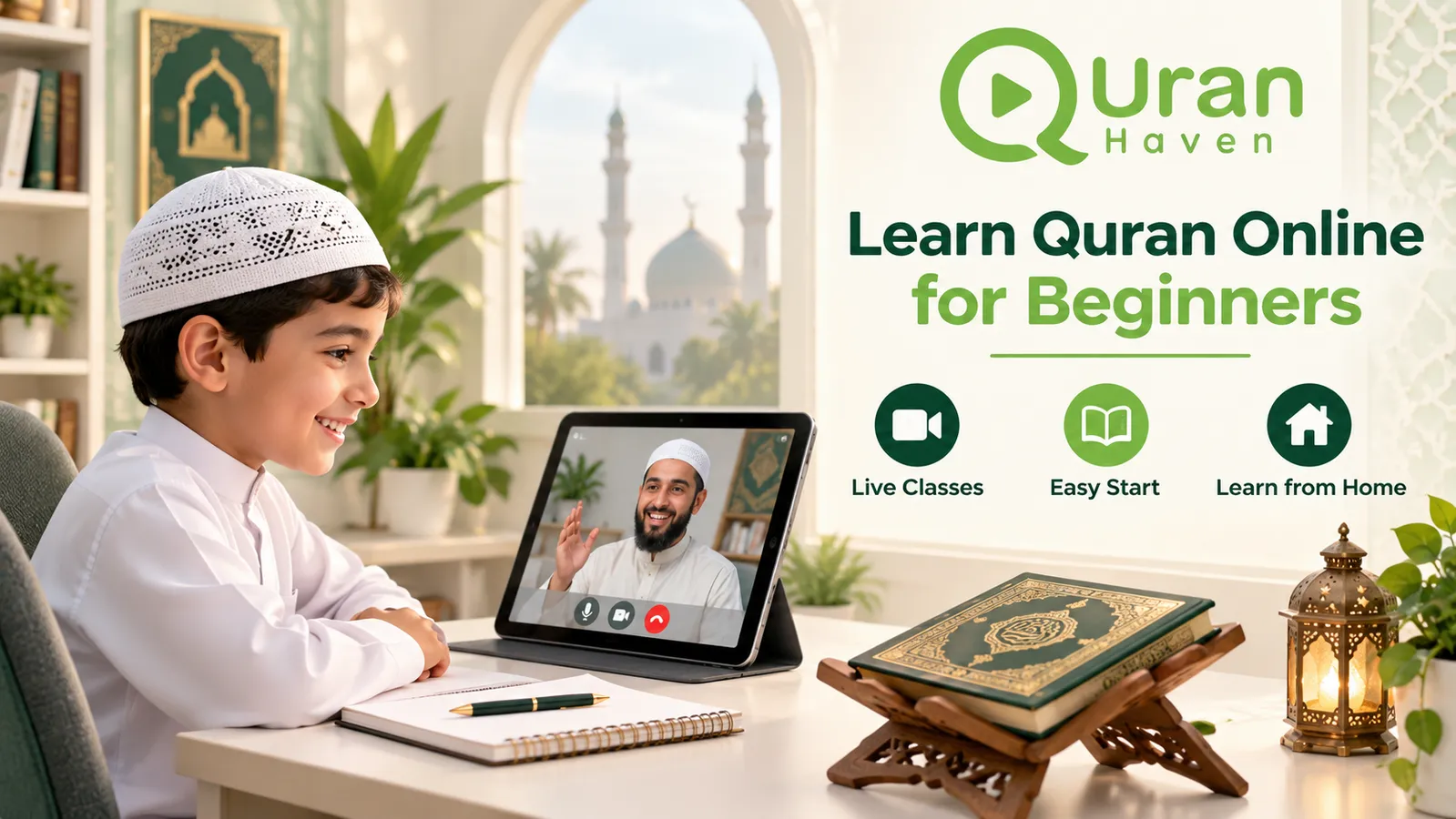 Beginner attending an online Quran lesson with a qualified teacher