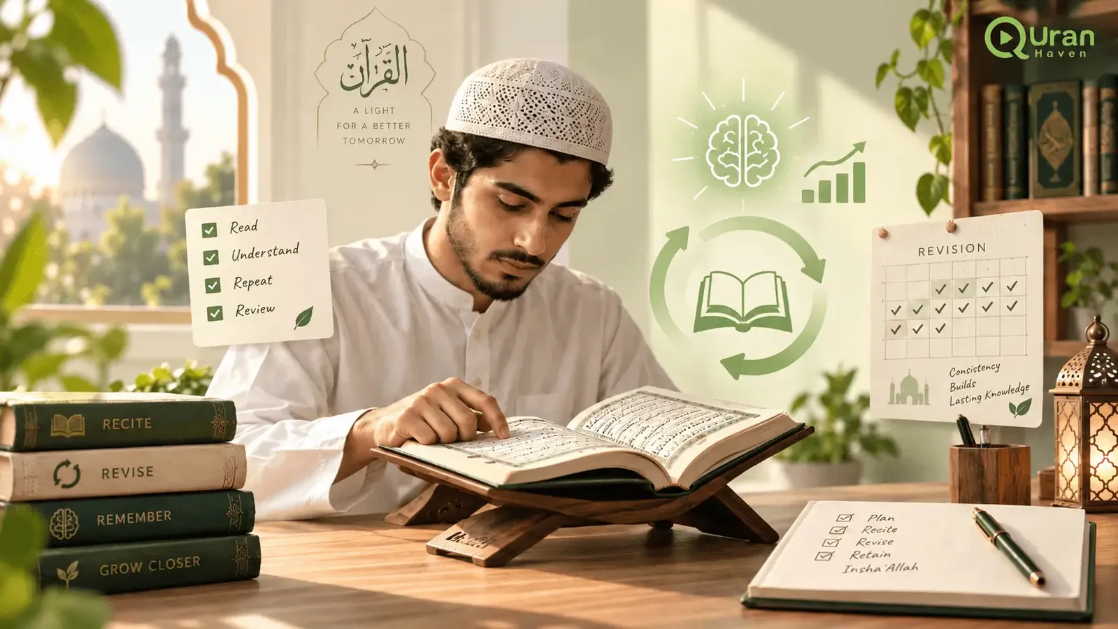 Student using a structured method to memorize Quran faster